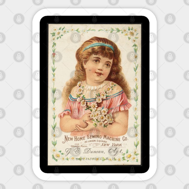 Vintage sewing machine advertisement with young girl Sticker by Maison de Kitsch